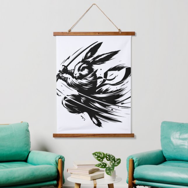 Samurai Bunny Black Ink Warrior Rabbit Hanging Tapestry (Living Room)