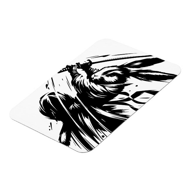 Samurai Bunny Black Ink Warrior Rabbit Magnet (Left Side)