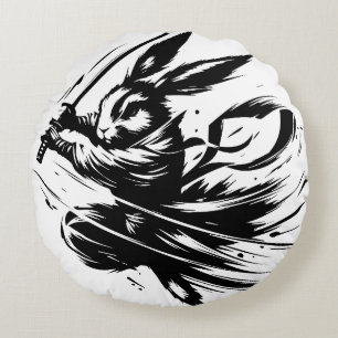 Samurai Bunny Black Ink Warrior Rabbit Round Cushion