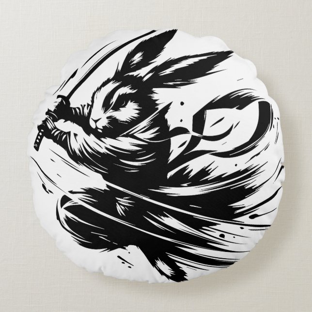Samurai Bunny Black Ink Warrior Rabbit Round Cushion (Front)