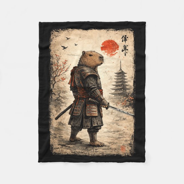 Samurai capybara funny capybara vintage graphic fleece blanket (Front)