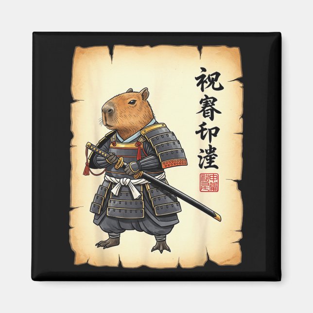 Samurai Capybara Japanese Art Vintage Graphic Funn Magnet (Front)