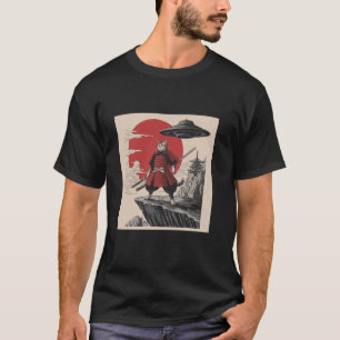 Samurai Cat Alien UFO Design Retro Japanese Warrio T-Shirt