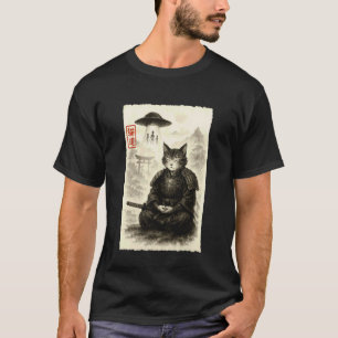 Samurai Cat Alien UFO Funny Invasion Meme Sumi-e J T-Shirt