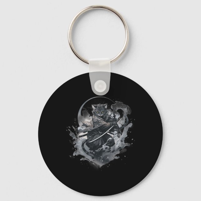 Samurai Cat Anime Japanese Ninja Warrior Aesthetic Key Ring (Front)