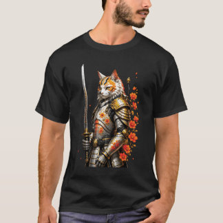 Samurai Cat Armour Sword Japanese Warrior Floral F T-Shirt