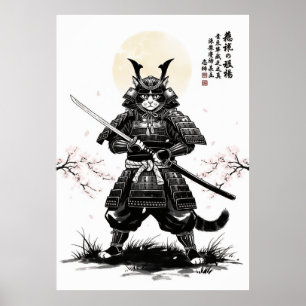 Samurai Cat Art Print with Katana Sword Japanese