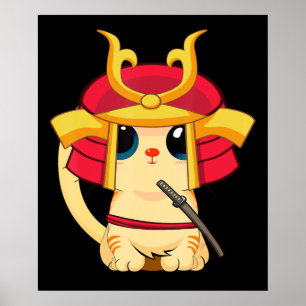 Samurai Cat Cute Japanese Anime Cosplay Halloween Poster