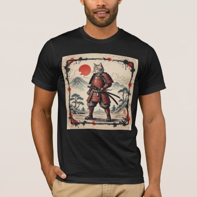 Samurai Cat Illustration T-Shirt | Japanese Sunset (Front)
