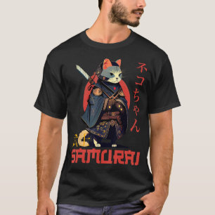 Samurai Cat in Ninja Outfit with Japanese Writing T-Shirt
