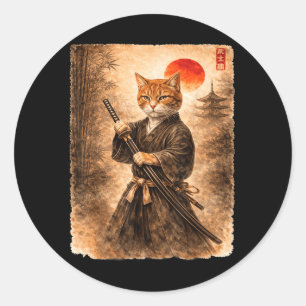 Samurai Cat Japanese Art Men Boys Funny Graphic Classic Round Sticker