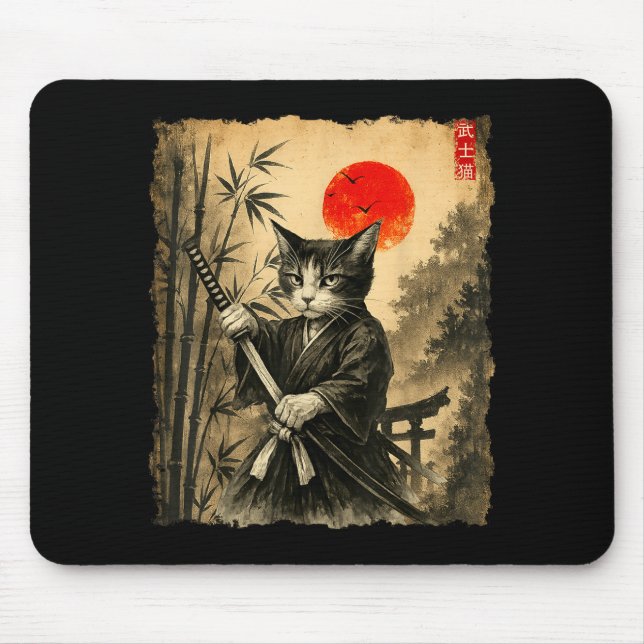 Samurai Cat Japanese Art Men Boys Funny Graphic Te Mouse Pad (Front)