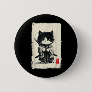 Samurai Cat Japanese Art Sumi-e Novelty Kawaii 6 Cm Round Badge