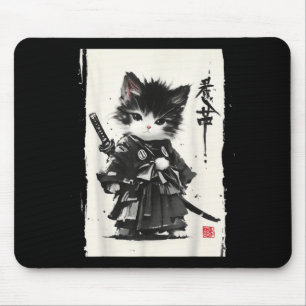 Samurai Cat Japanese Art Sumi-e Novelty Kawaii Mouse Pad