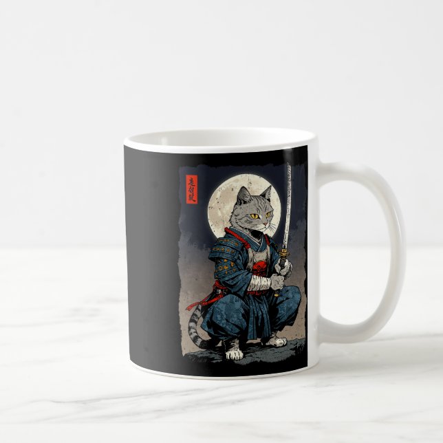Samurai Cat Japanese Retro Fighter Cat Moon Ukiyo- Coffee Mug (Right)