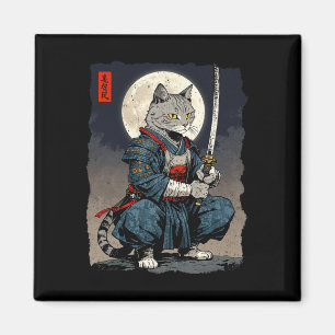 Samurai Cat Japanese Retro Fighter Cat Moon Ukiyo- Magnet