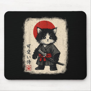 Samurai Cat Japanese Vintage Kawaii Funny Cats Mouse Pad