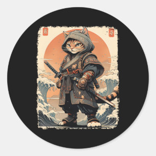 Samurai Cat Katana Full Gear Warrior Fighter Japan Classic Round Sticker