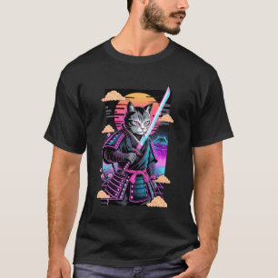 Samurai Cat Katana Retro Sunset Japan Synthwave Wa T-Shirt