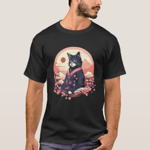 Samurai Cat Meditates between Japanese Cherry Blos T-Shirt