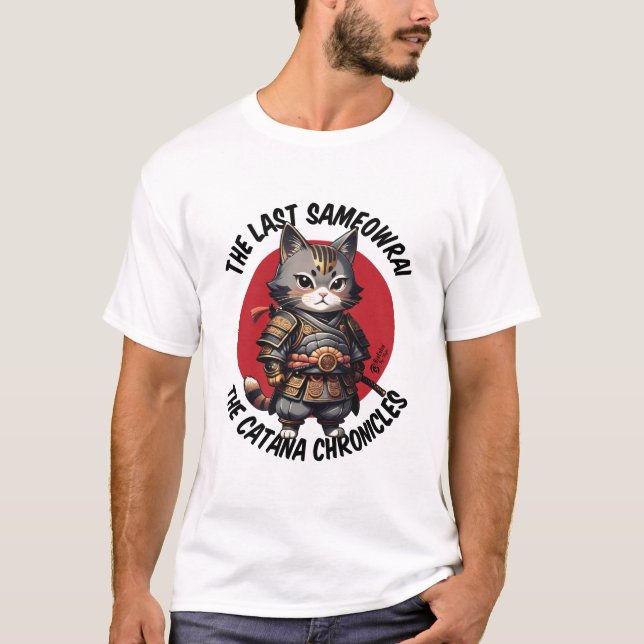 Samurai Cat Men White T-Shirt (Front)