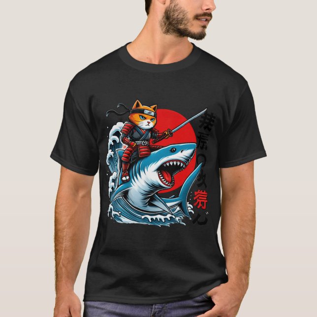 Samurai Cat Ninja Japanese Art Cat Shark Kanagawa  T-Shirt (Front)