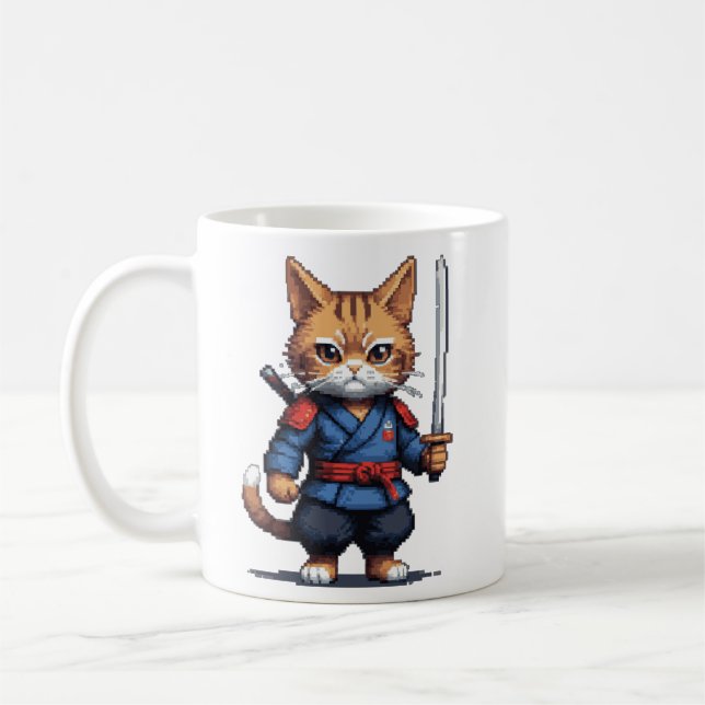 Samurai Cat Pixel Art Coffee Mug (Left)