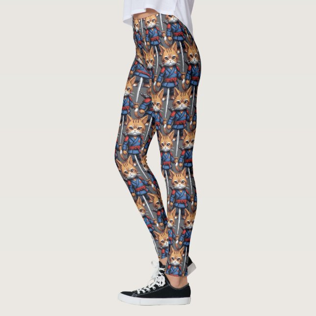 Samurai Cat Pixel Art Leggings (Left)