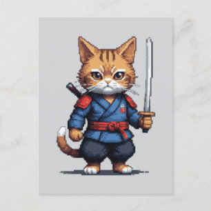 Samurai Cat Pixel Art Postcard