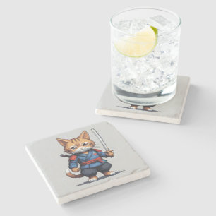 Samurai Cat Pixel Art Stone Coaster