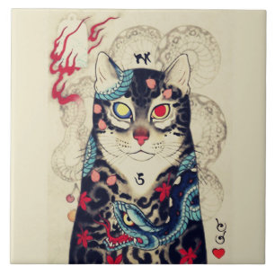 SAMURAI CAT PORTRAIT WITH SERPENT TATTOOS CERAMIC TILE