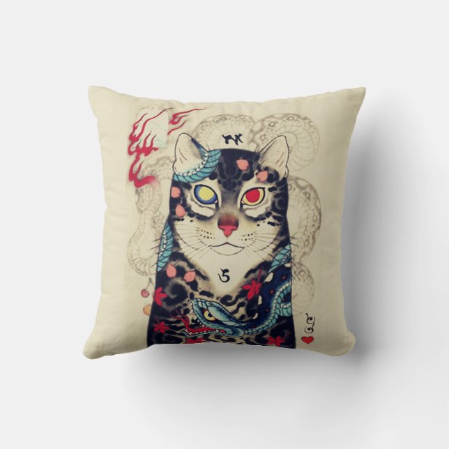 SAMURAI CAT PORTRAIT WITH SERPENT TATTOOS CUSHION (Back)