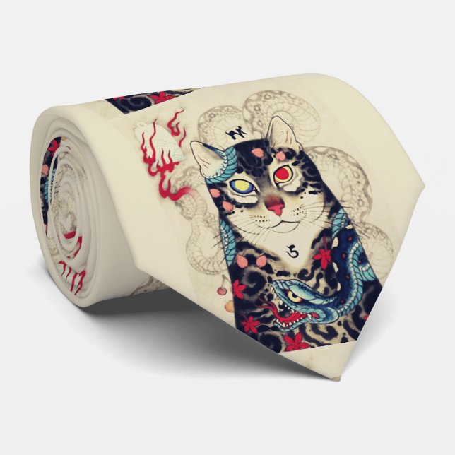 SAMURAI CAT PORTRAIT WITH SERPENT TATTOOS TIE (Rolled)