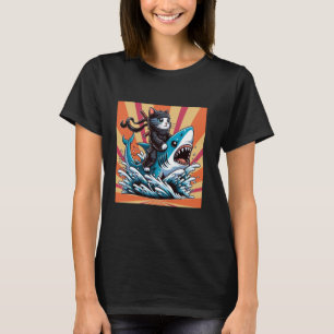 Samurai Cat Retro Ninja Japanese Cat Shark Kanagaw T-Shirt