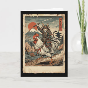 Samurai Cat Riding Chicken Japanese Art Katana Uki Card