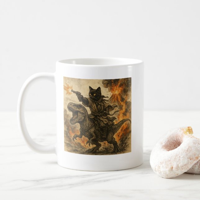 Samurai Cat Riding Dinosaur in Volcanic Eruption Coffee Mug (With Donut)