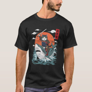 Samurai Cat Riding Shark Japanese Art Retro Funny T-Shirt