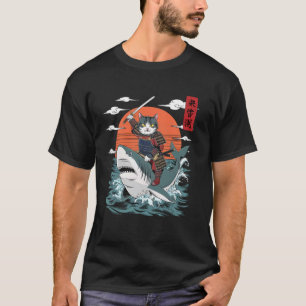 Samurai Cat Riding Shark Japanese Art Retro Funny  T-Shirt