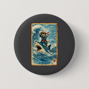 Samurai Cat Riding Shark Retro Wave Warrior Funny 6 Cm Round Badge