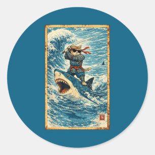Samurai Cat Riding Shark Retro Wave Warrior Funny Classic Round Sticker