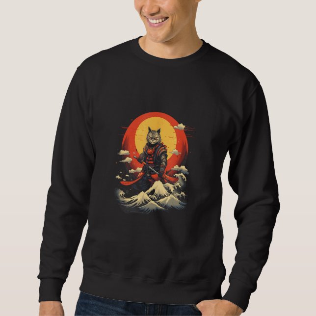 Samurai Cat Serene Ocean Seascape  Japanese Artist Sweatshirt (Front)