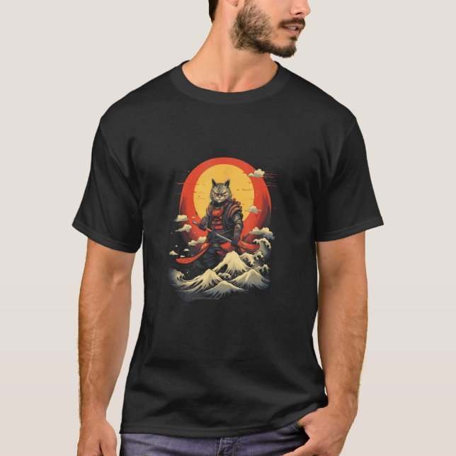 Samurai Cat Serene Ocean Seascape  Japanese Artist T-Shirt (Front)