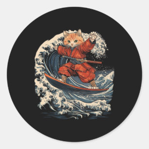 Samurai Cat Surfing Great Wave Ronin Katana Classic Round Sticker