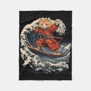 Samurai Cat Surfing Great Wave Ronin Katana Fleece Blanket