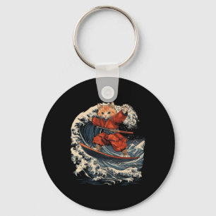 Samurai Cat Surfing Great Wave Ronin Katana  Key Ring