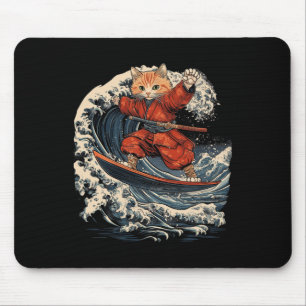 Samurai Cat Surfing Great Wave Ronin Katana Mouse Pad