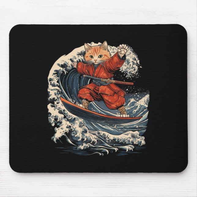 Samurai Cat Surfing Great Wave Ronin Katana  Mouse Pad (Front)