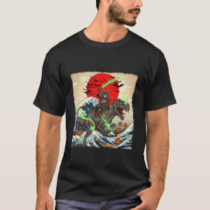 Samurai Cat vs Zombie Dinosaur Spooky Ukiyo-e Hall T-Shirt