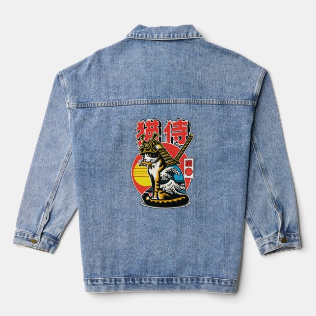 Samurai Cat Warrior – Bold Japanese Wave Tattoo Denim Jacket (Back)