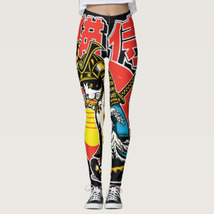 Samurai Cat Warrior – Bold Japanese Wave Tattoo Leggings